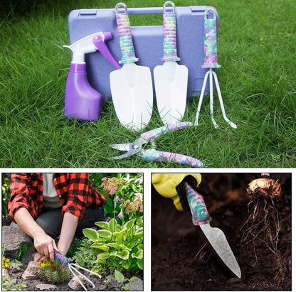 Gardening Tools,5 Pieces Garden Tools with Floral Print, Ergonomic Handle Trowel Rake Weeder Pruner Shears Sprayer,Gardening Supplies with Carrying Case Gifts for Women